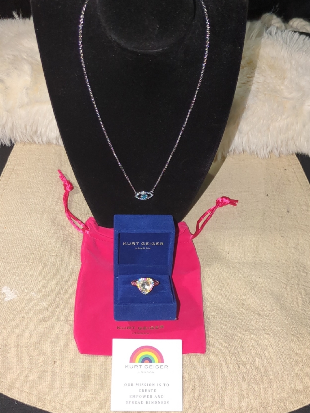 Kurt Geiger Multicolor Crystal Ring w/ Blue Crystal Necklace Ring Size 7  $125